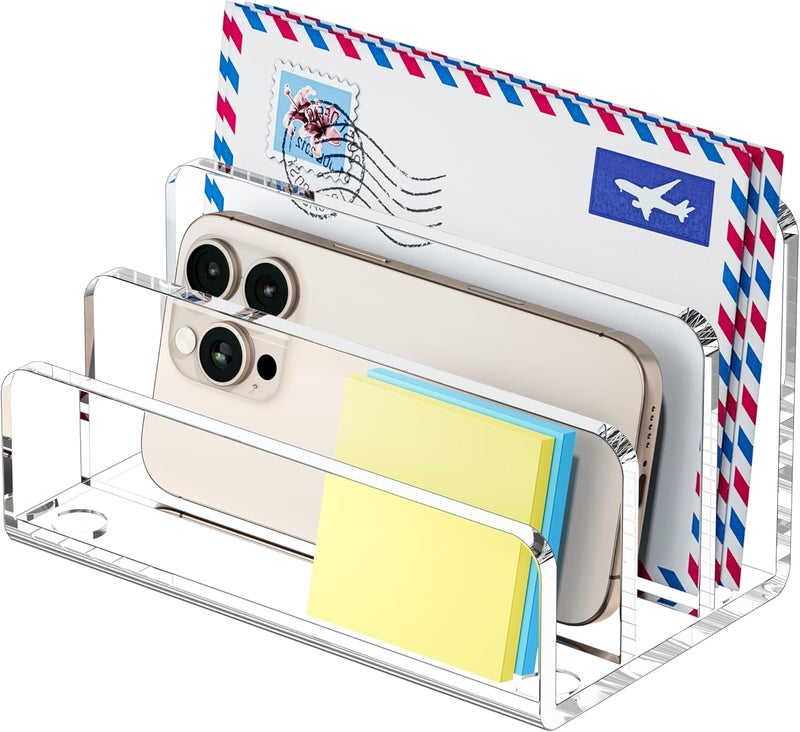 FUCDTEFC Mail Organizer Countertop, 3 Section Clear Acrylic Small File Holders Letter Organizer for Desk, Modern Filing Accessories for Document, Office, Home, School - Image 1